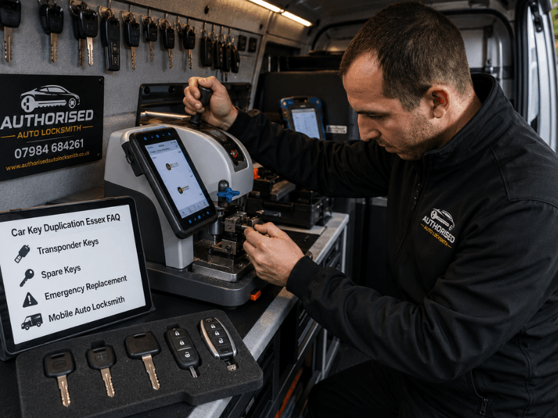 Auto locksmith using programming equipment to duplicate a car fob in Essex