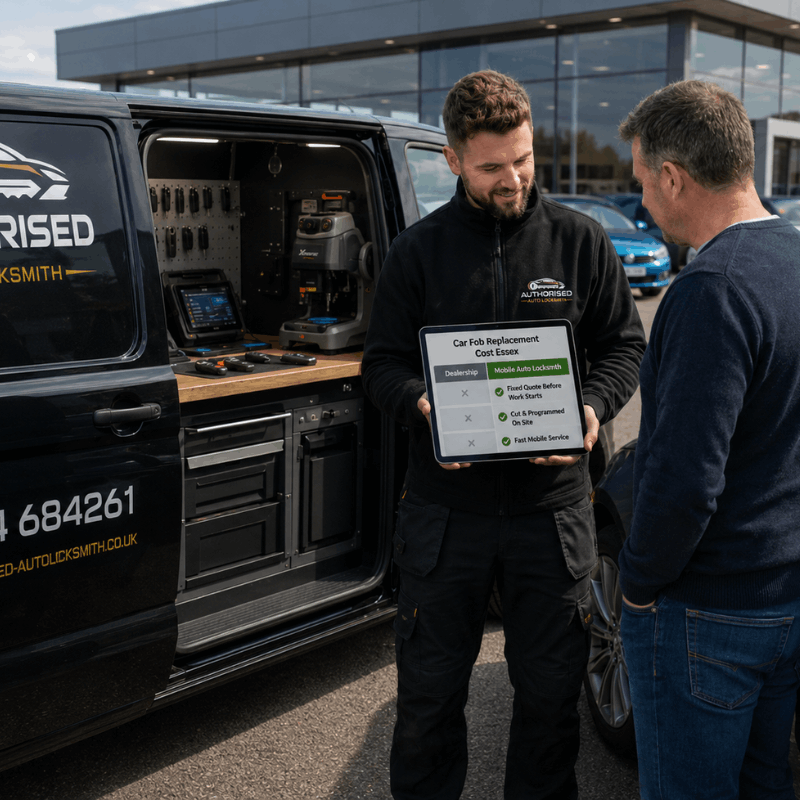 Car fob replacement cost comparison between dealership and mobile auto locksmith in Essex