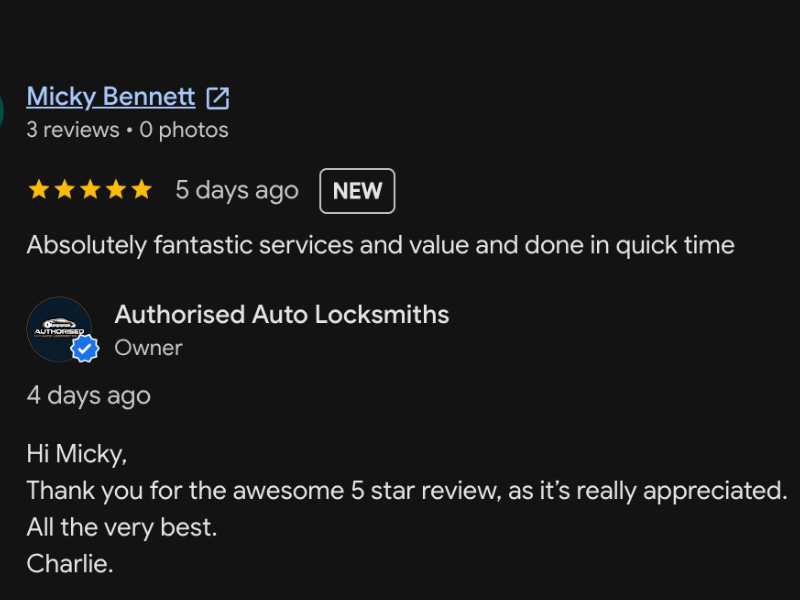 Customer leaving a review for Authorised Auto Locksmiths car fob duplication Essex