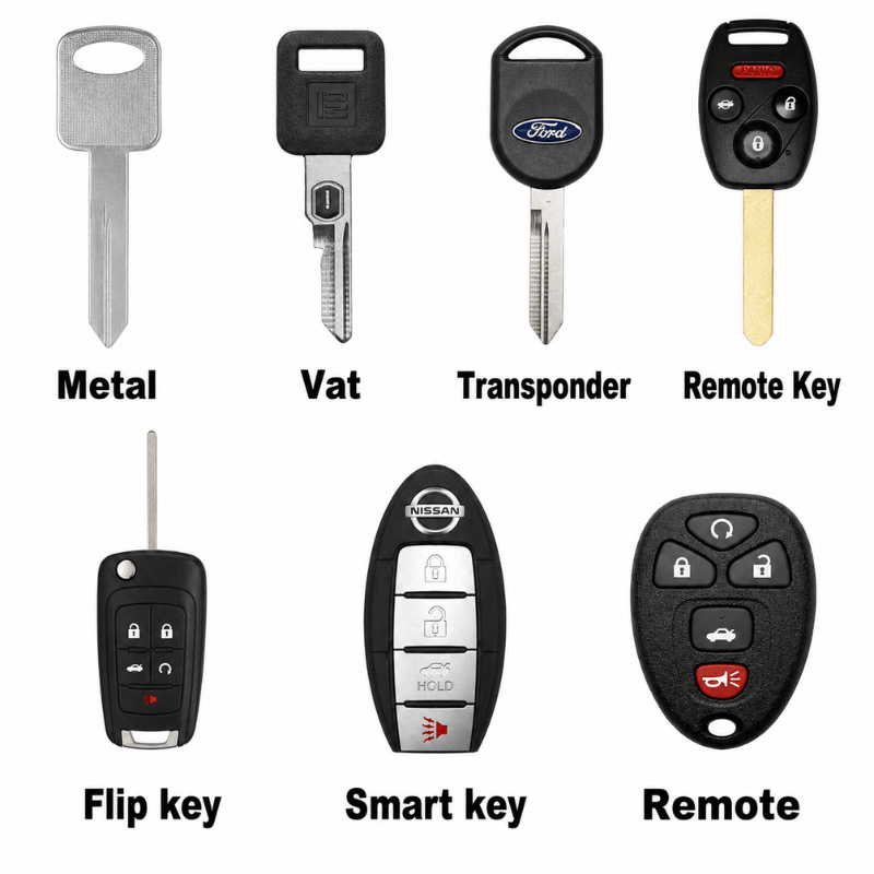 Different types of car key fobs including flip key smart fob and proximity fob