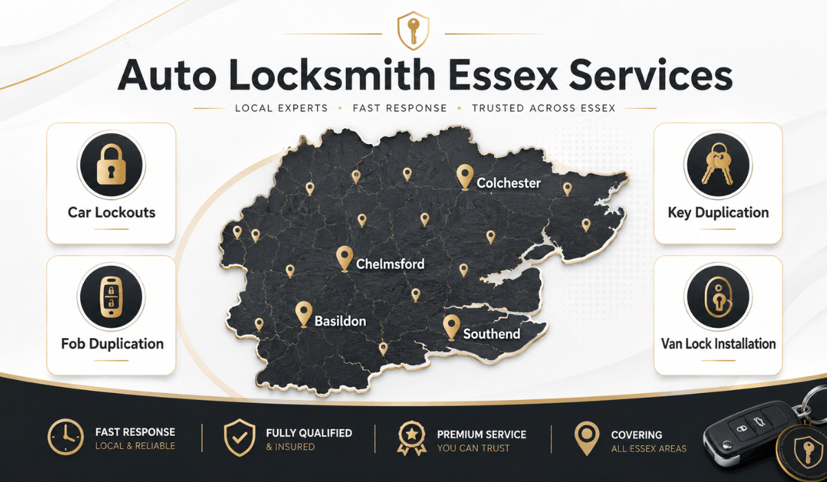 auto locksmith Essex services — car lockouts key duplication fob programming and van locks
