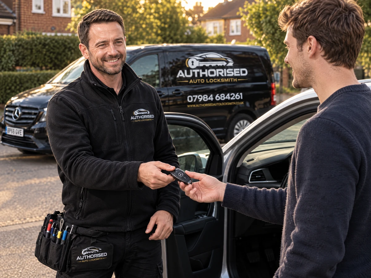 Authorised Auto Locksmith mobile technician completing a car key job in Brentwood