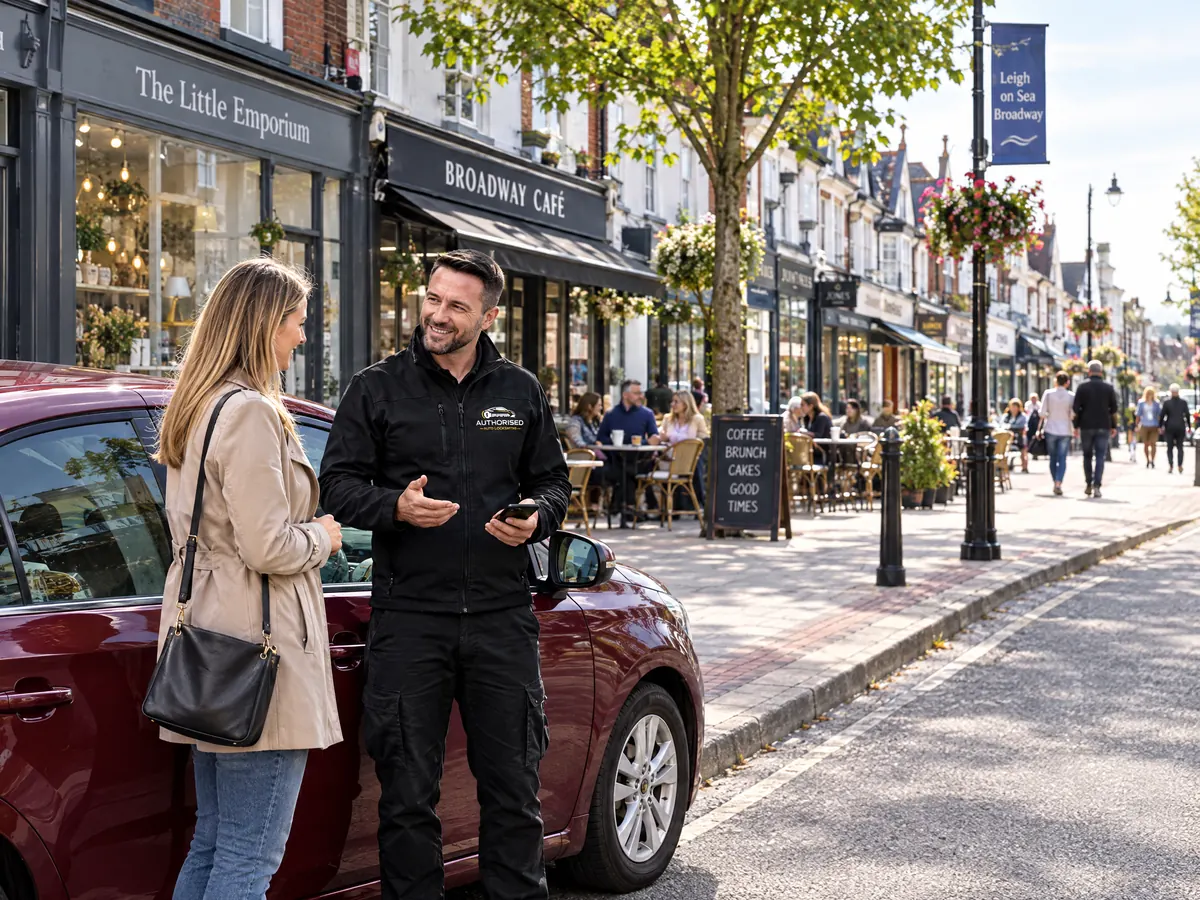 Auto locksmith attending a car lockout on the Broadway in Leigh Old Town