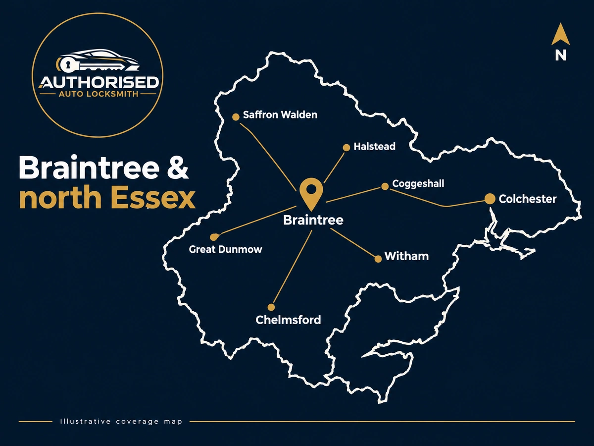 Auto locksmith coverage area around Braintree and north Essex