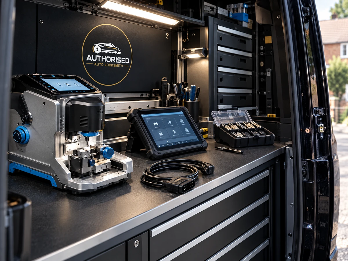 Auto locksmith key cutting and programming equipment laid out inside a mobile workshop