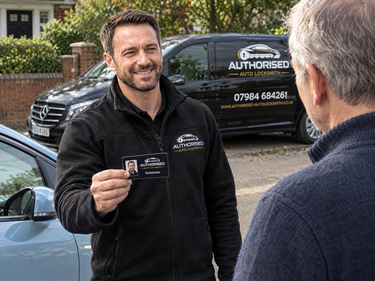 Auto locksmith technician showing identification to a customer beside a car