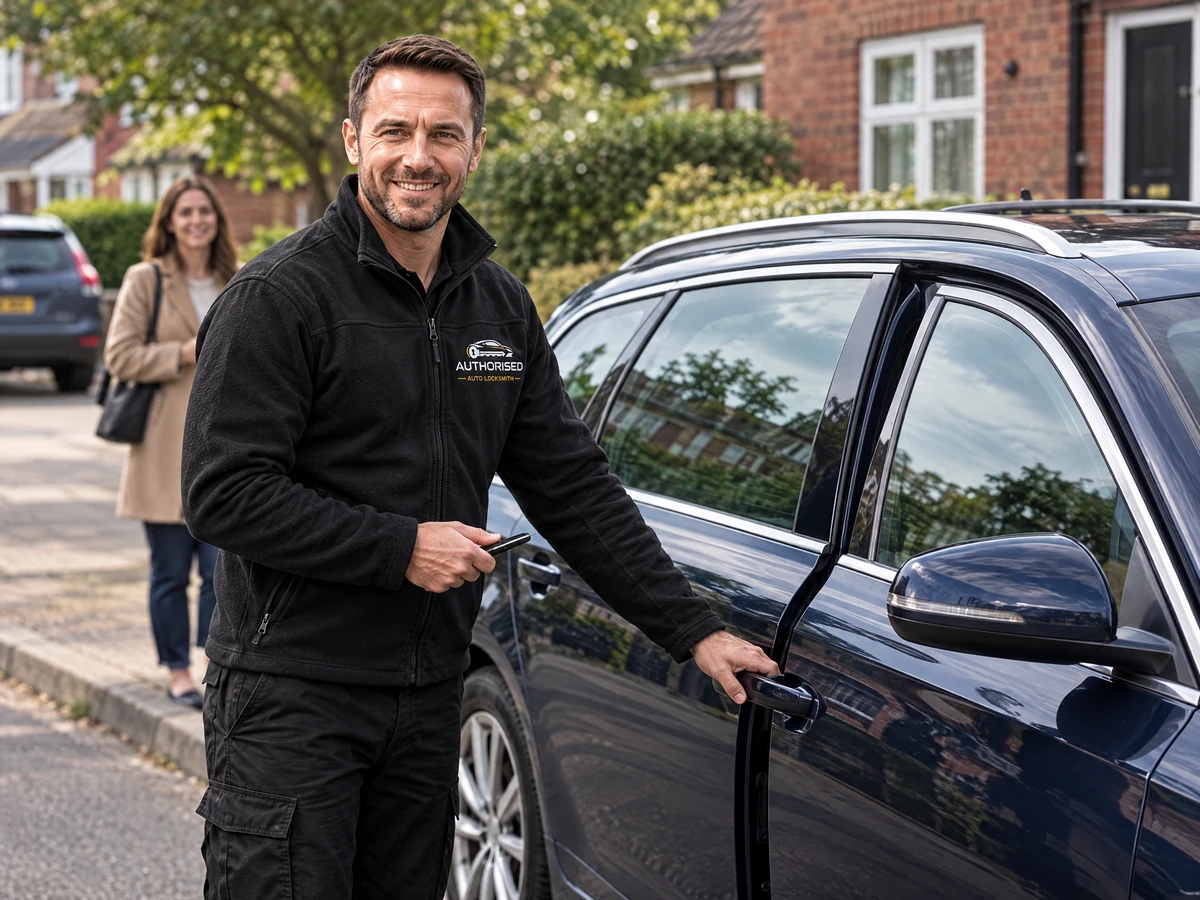 Car lockout service in Braintree with an auto locksmith opening a locked car door