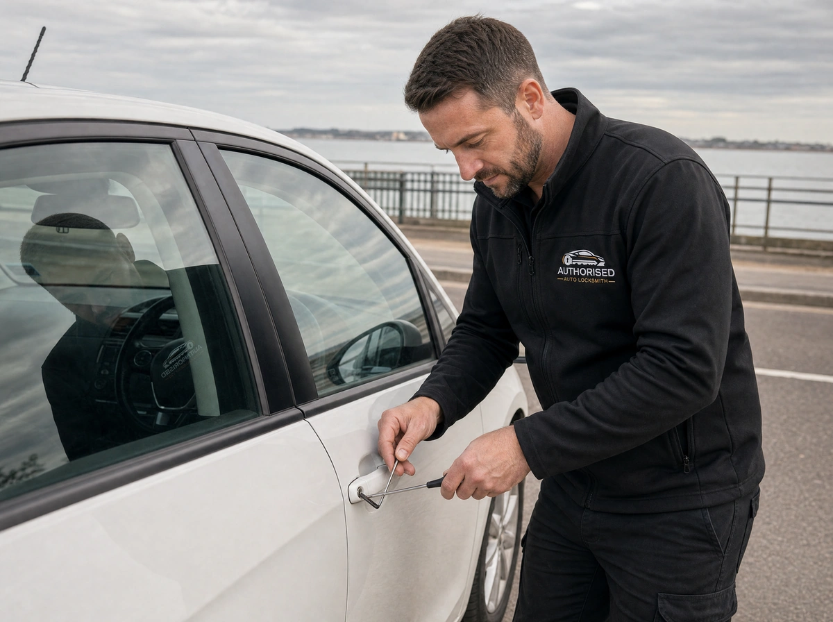 Car lockout service in Southend-on-Sea with an auto locksmith gaining entry to a locked vehicle