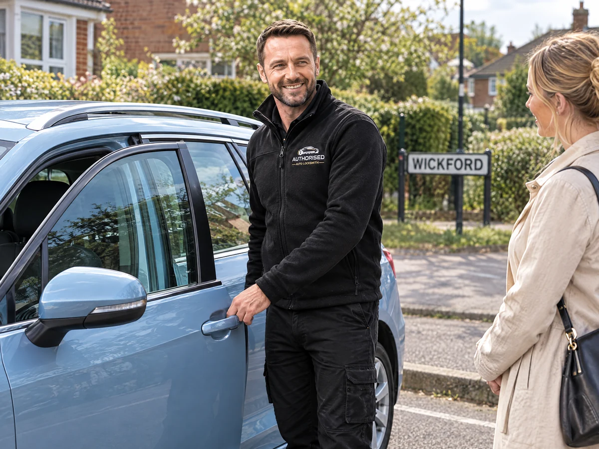 Car lockout service in Wickford with an auto locksmith opening a locked car door