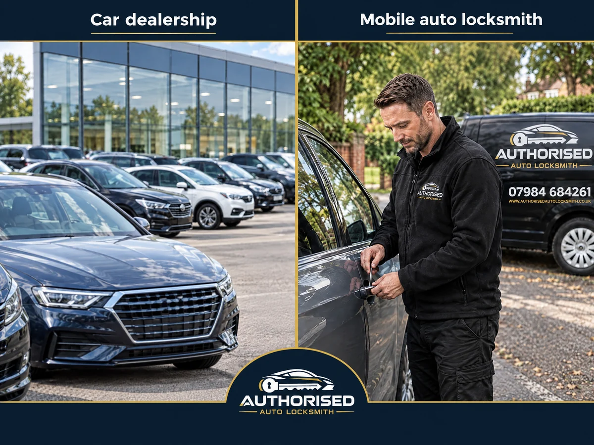 Comparison of a car dealership forecourt and a mobile auto locksmith at the roadside