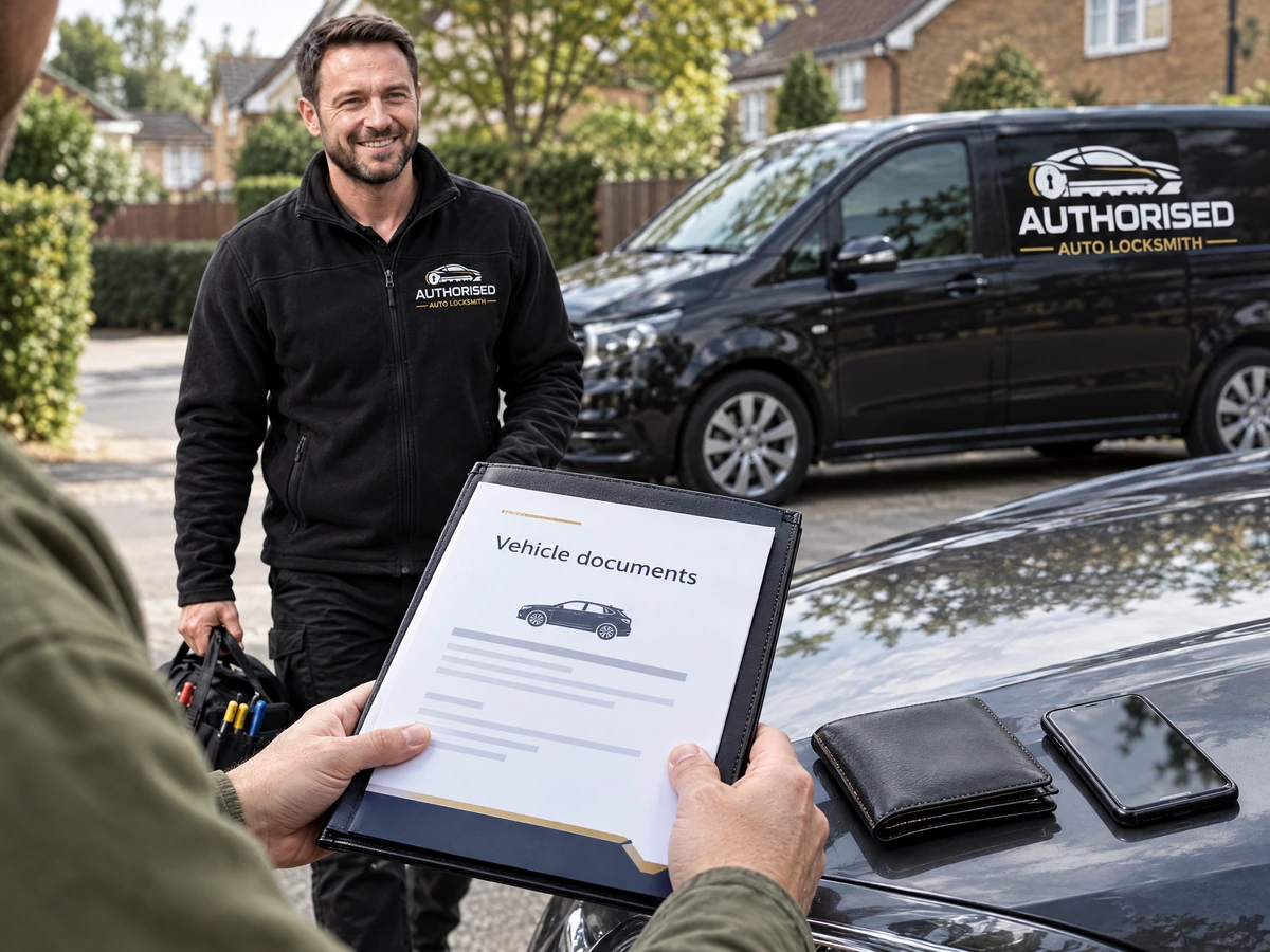 Driver holding vehicle documents ready for an auto locksmith visit