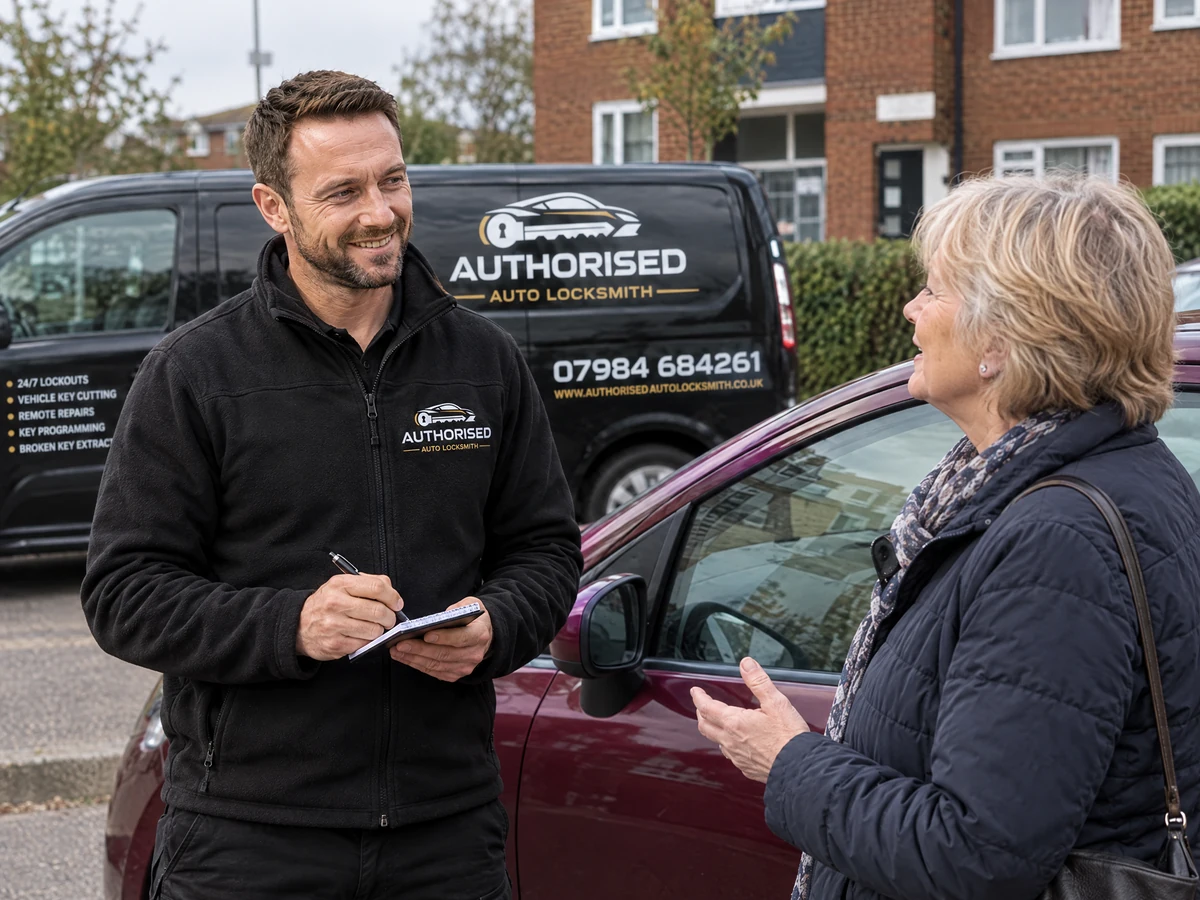 Driver in Grays who has lost their car keys speaking to an auto locksmith