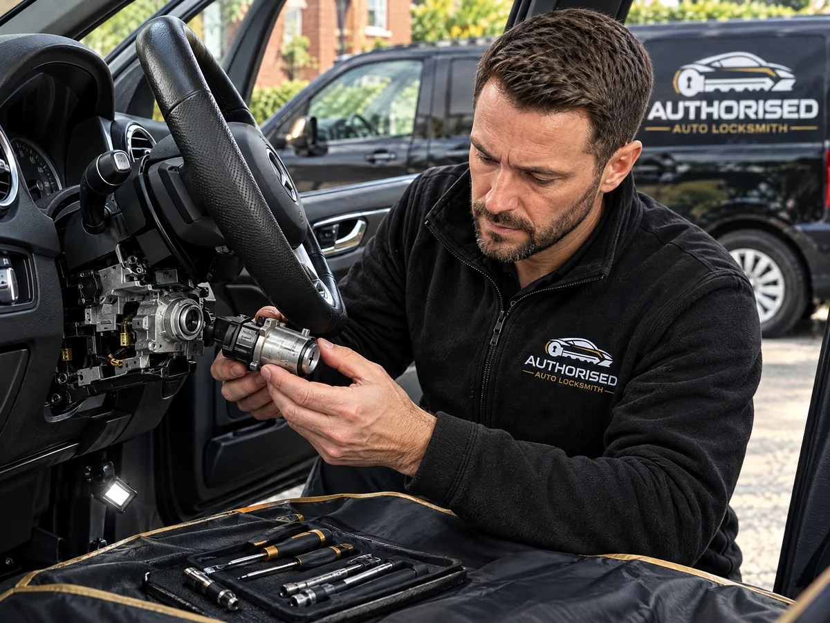 Ignition barrel repair being carried out inside a car by an auto locksmith