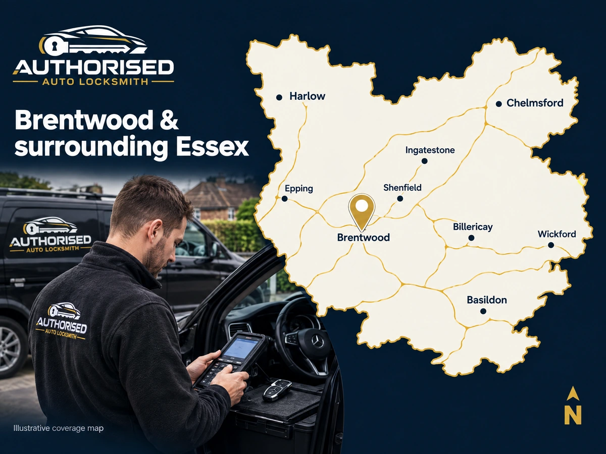 Map of Brentwood and surrounding Essex areas covered by the auto locksmith service