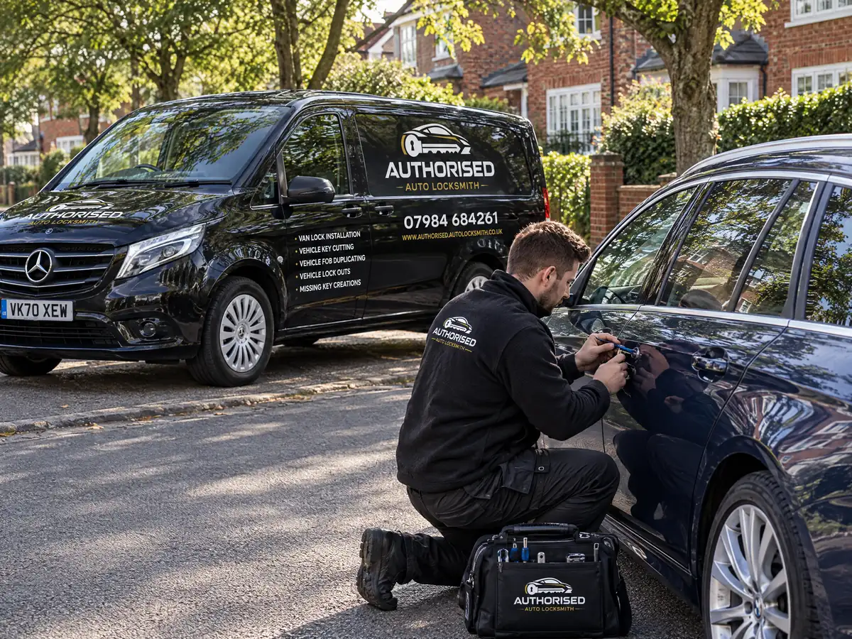 Mobile auto locksmith van parked beside a car on a Brentwood street in Essex