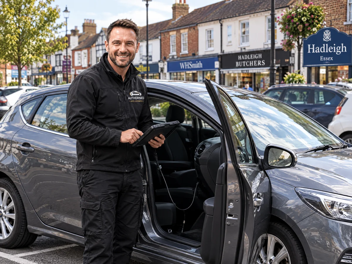 Mobile auto locksmith working on a vehicle in Hadleigh near Benfleet
