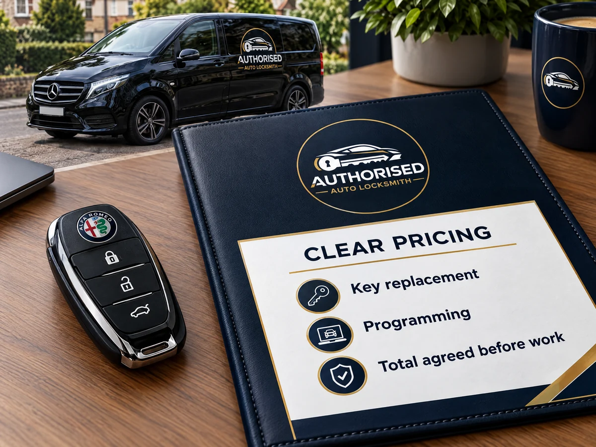 Alfa Romeo replacement key and invoice with clear pricing