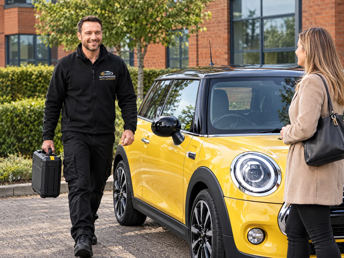 Authorised Auto Locksmith technician arriving for a Mini job