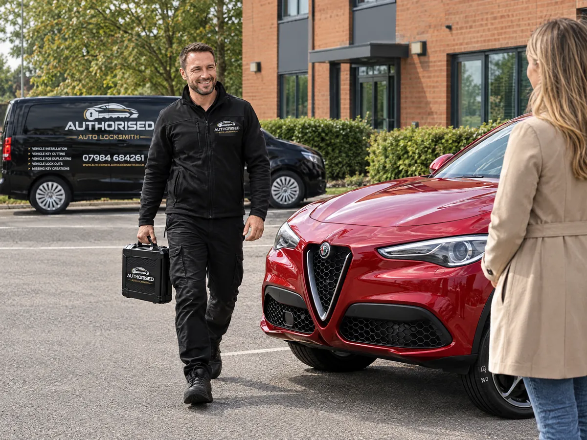 Authorised Auto Locksmith technician arriving for an Alfa Romeo job