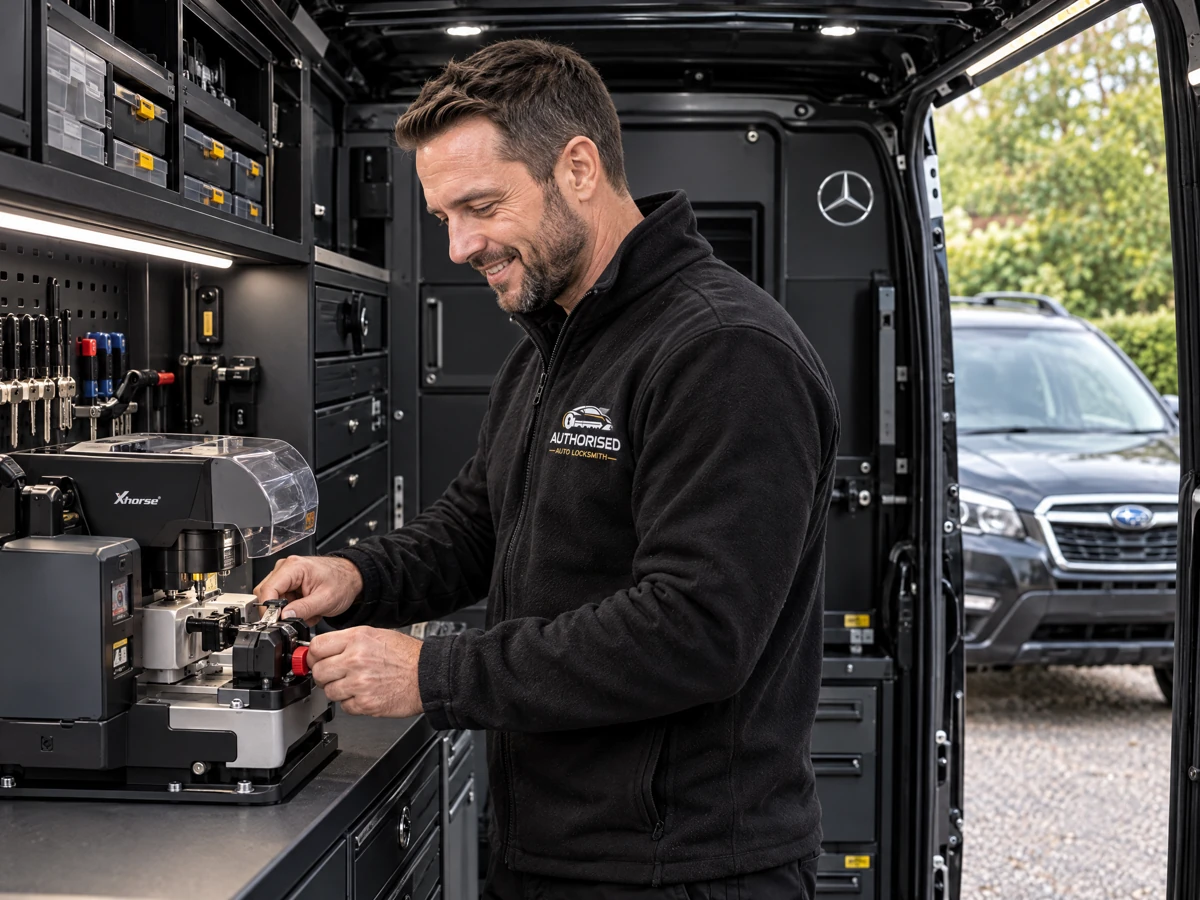 Authorised Auto Locksmith technician cutting a Subaru Forester key in Essex