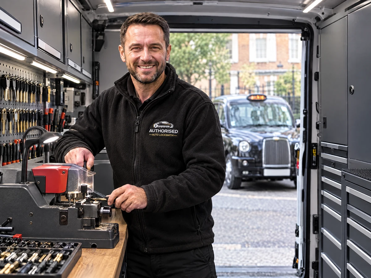 Authorised Auto Locksmith technician cutting a key for an LTI TX4 taxi in London