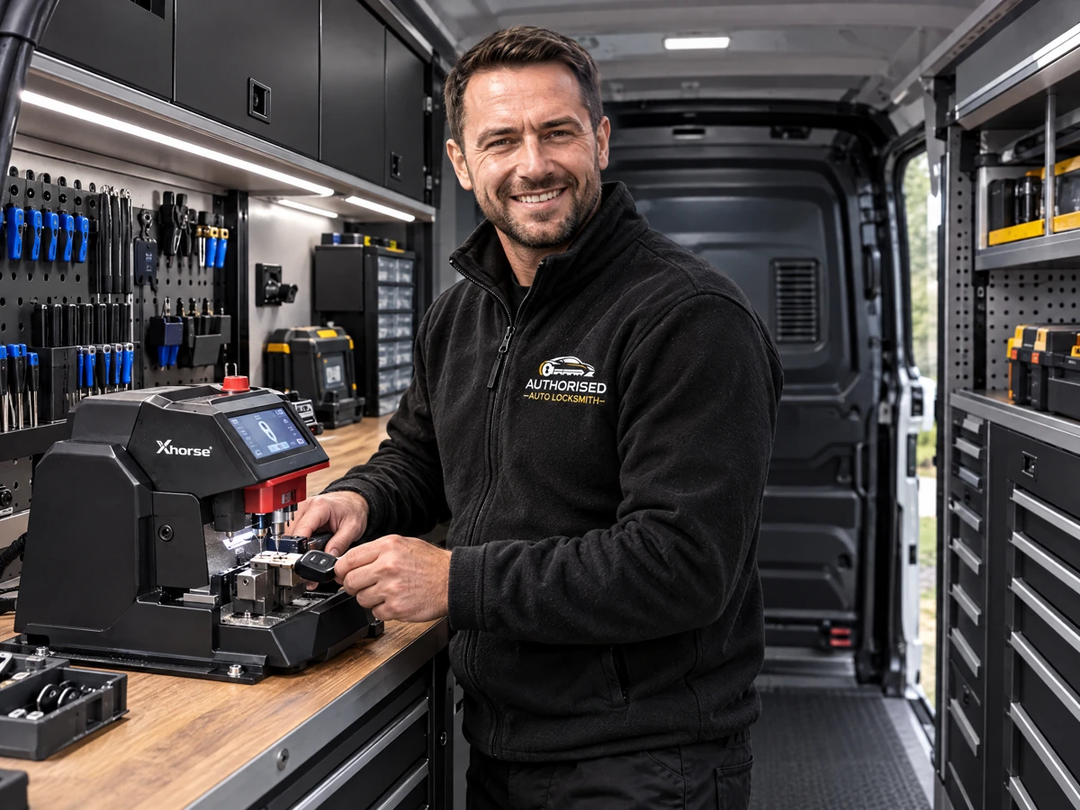 Authorised Auto Locksmith technician cutting an Isuzu D-Max key on site in Essex