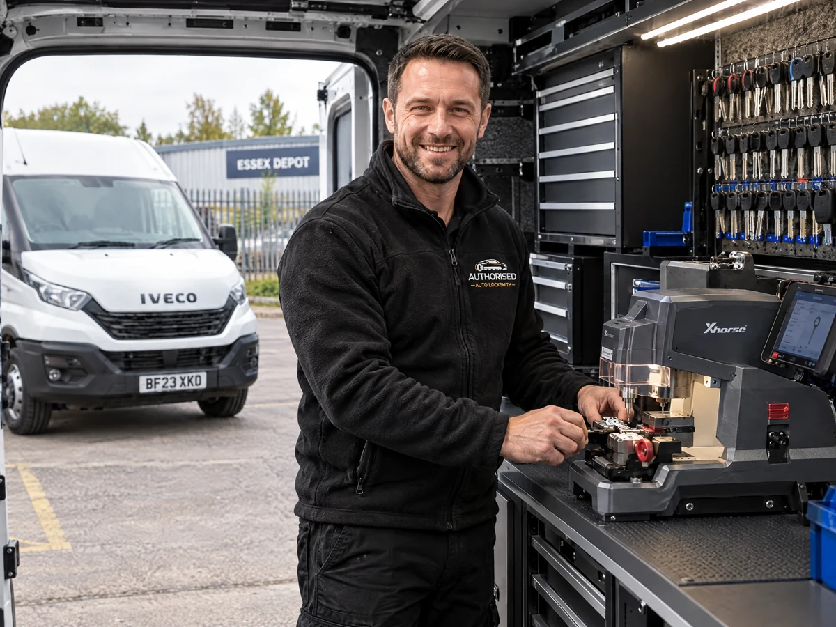 Authorised Auto Locksmith technician cutting an Iveco Daily key at a depot in Essex