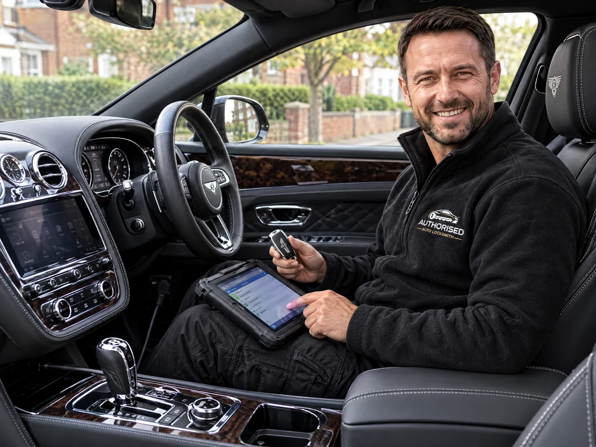 Authorised Auto Locksmith technician programming a Bentley key fob