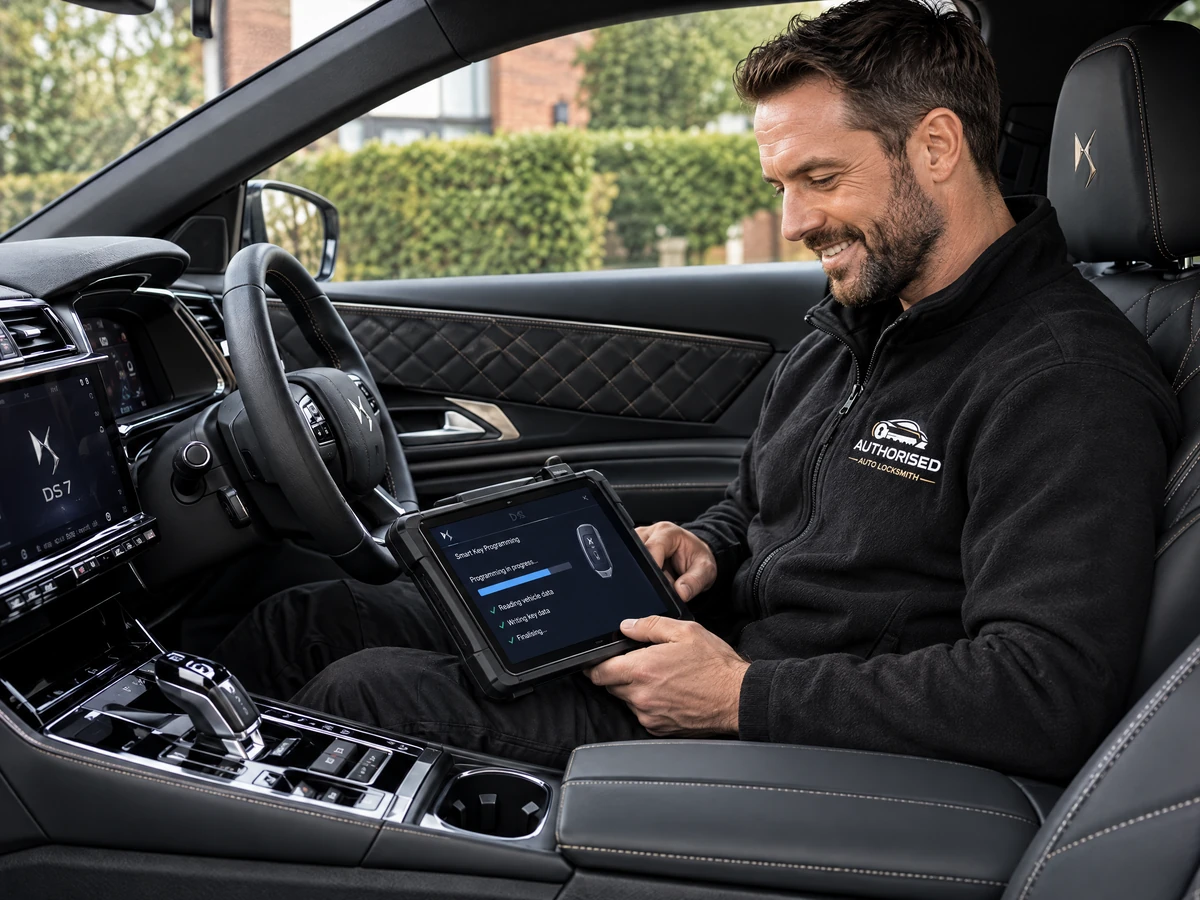 Authorised Auto Locksmith technician programming a DS 7 smart key in Essex
