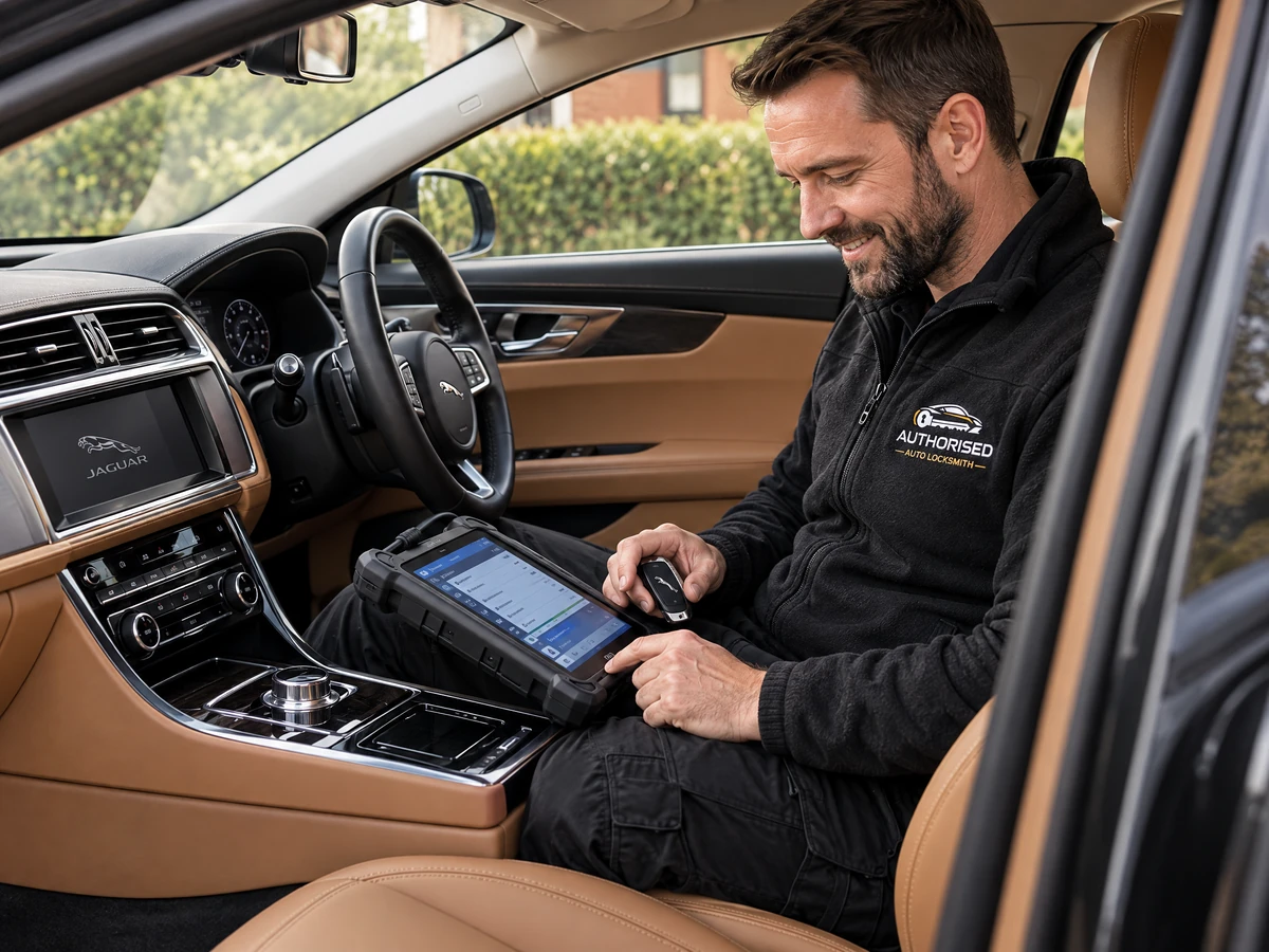 Authorised Auto Locksmith technician programming a Jaguar smart key in Essex