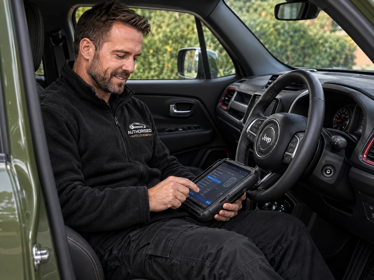 Authorised Auto Locksmith technician programming a Jeep Renegade key in Essex