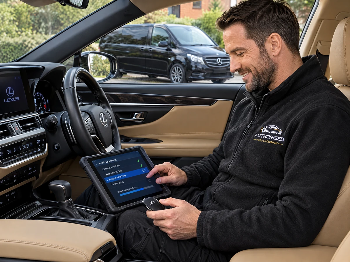 Authorised Auto Locksmith technician programming a Lexus smart key in Essex