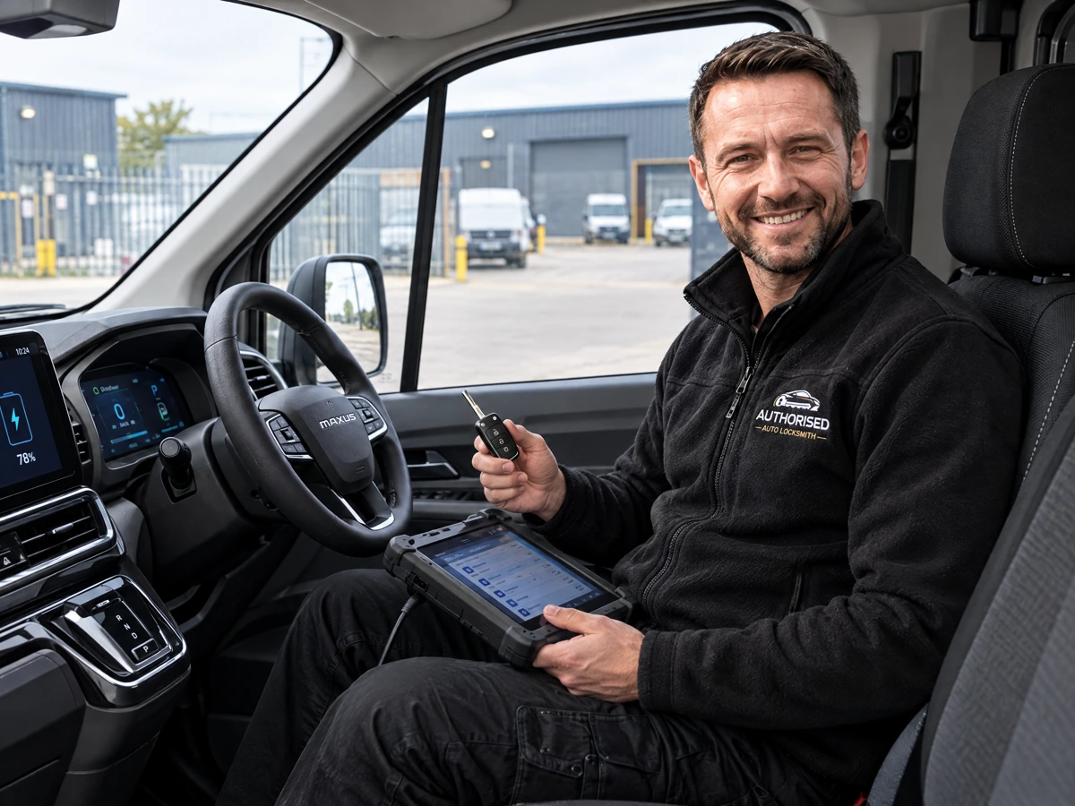 Authorised Auto Locksmith technician programming a Maxus eDeliver key at a depot