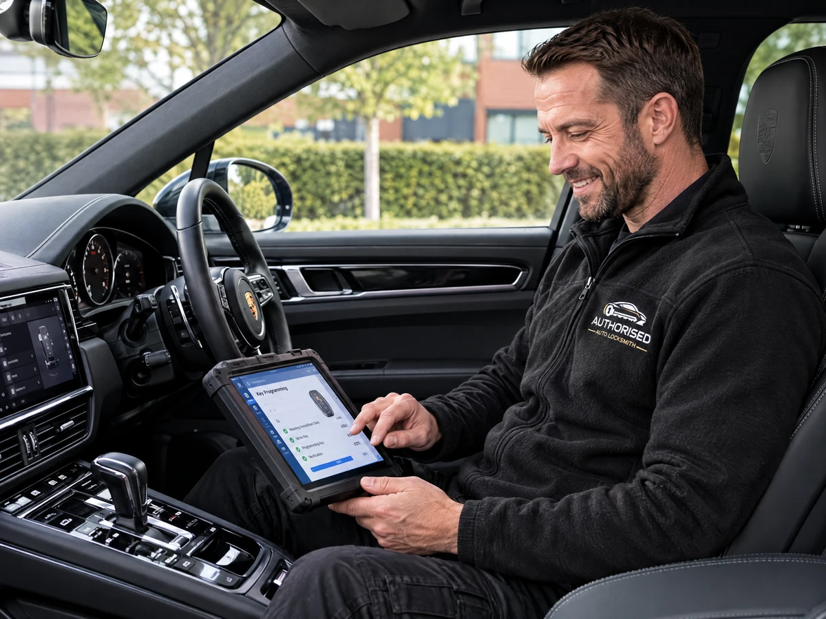 Authorised Auto Locksmith technician programming a Porsche key in Essex