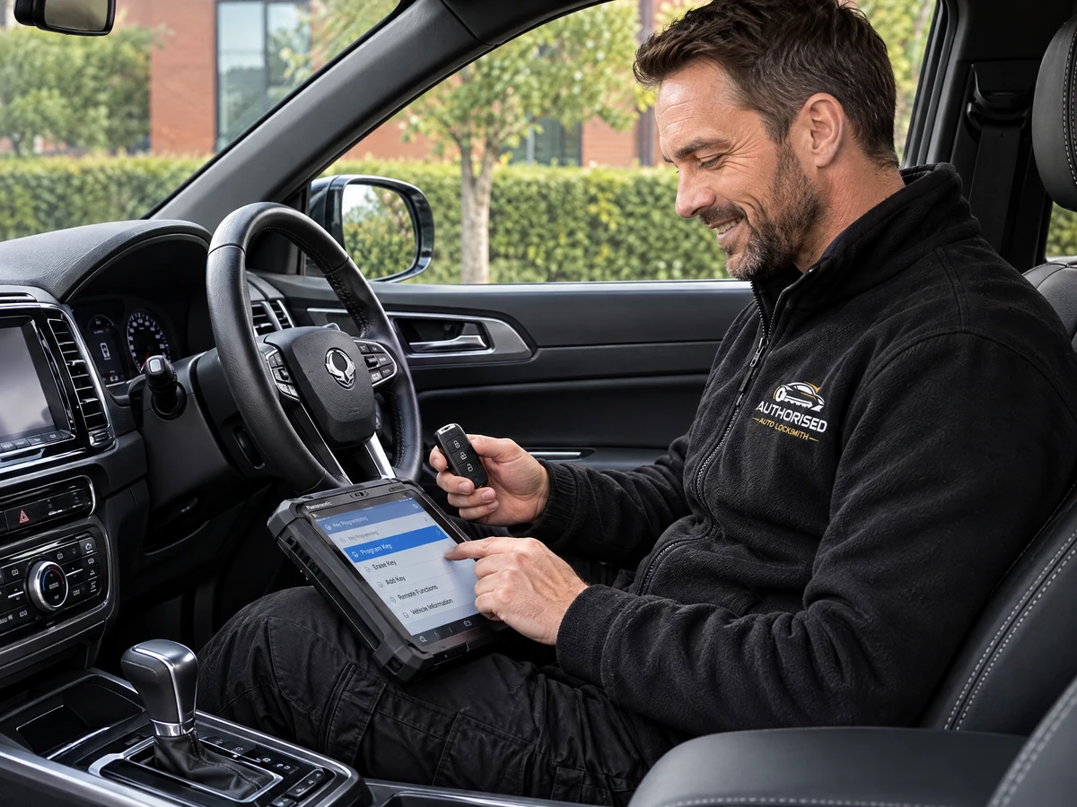 Authorised Auto Locksmith technician programming a SsangYong Rexton key in Essex