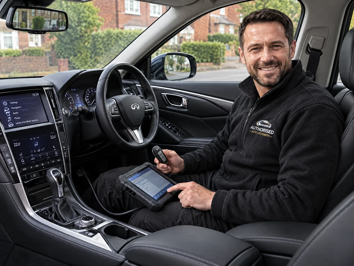 Authorised Auto Locksmith technician programming an Infiniti Q50 smart key