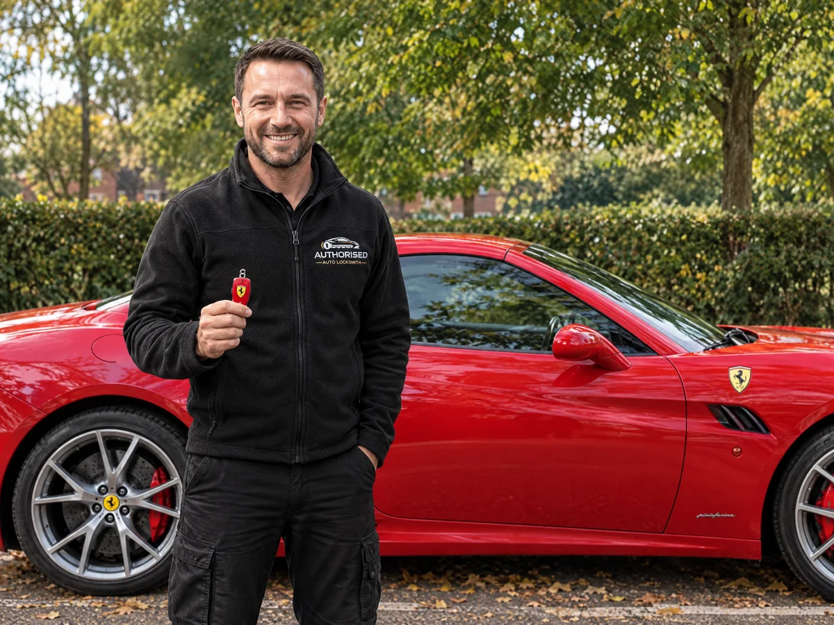 Authorised Auto Locksmith technician with a Ferrari key