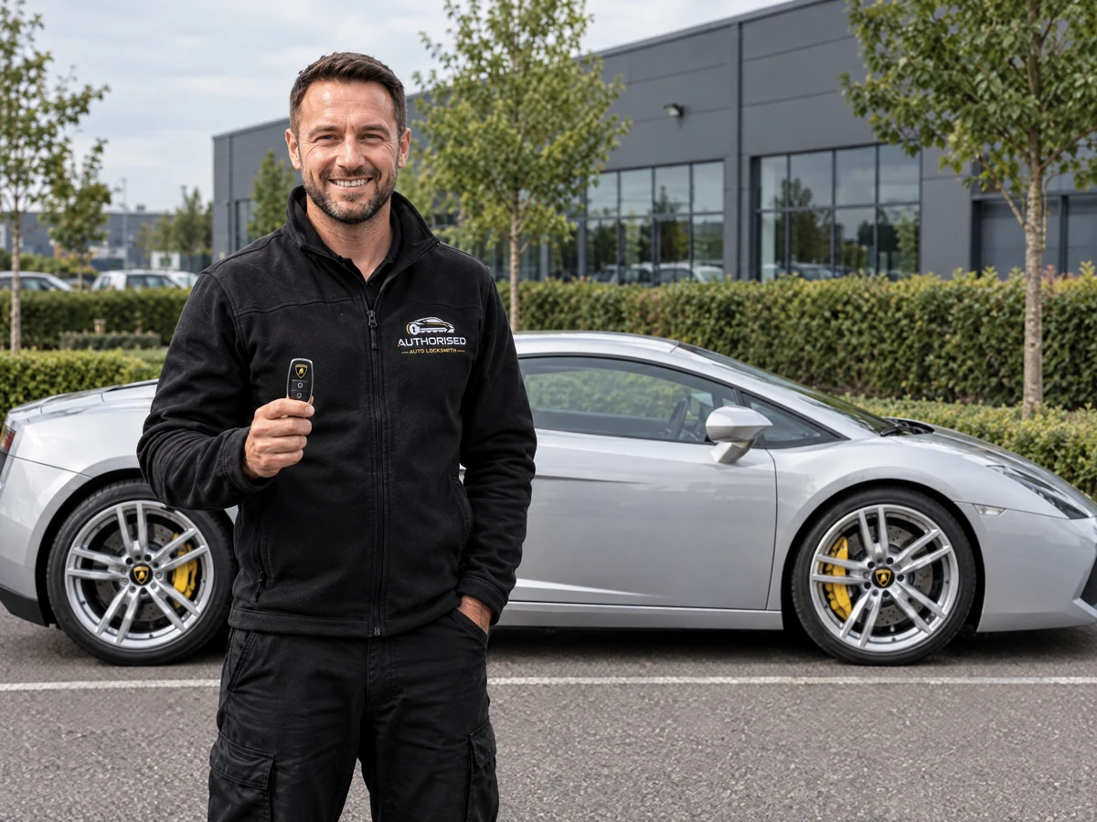 Authorised Auto Locksmith technician with a Lamborghini Gallardo key