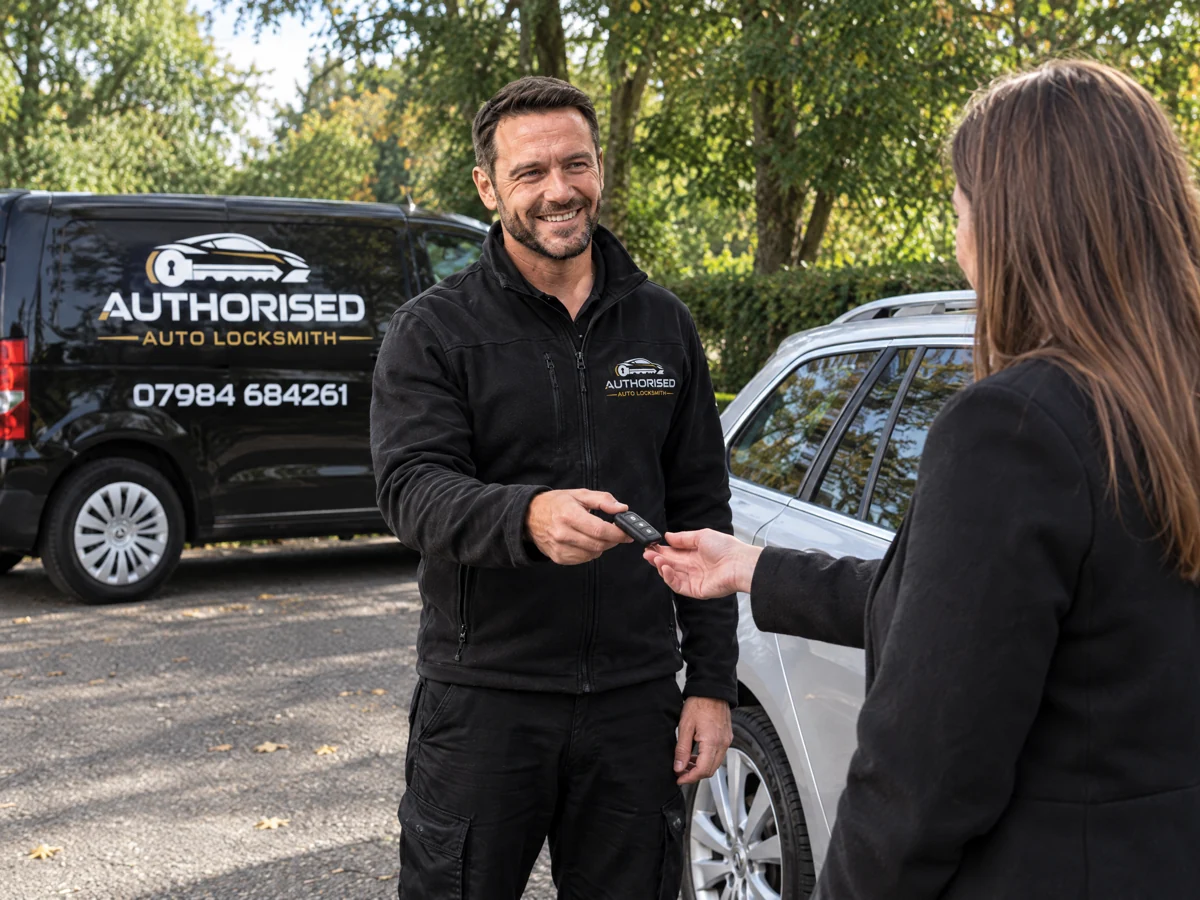 Authorised Auto Locksmith technician with a customer after a car key replacement in Essex