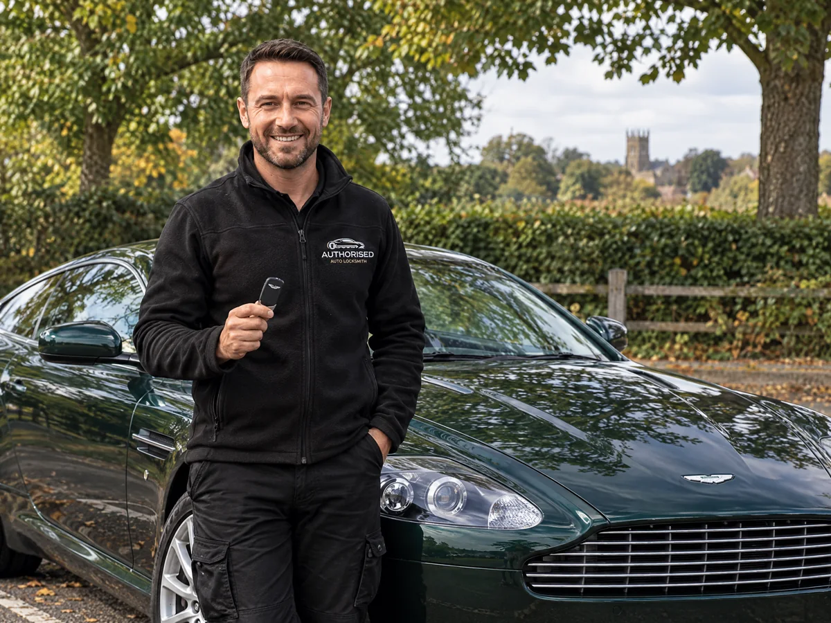 Authorised Auto Locksmith technician with an Aston Martin key in Essex