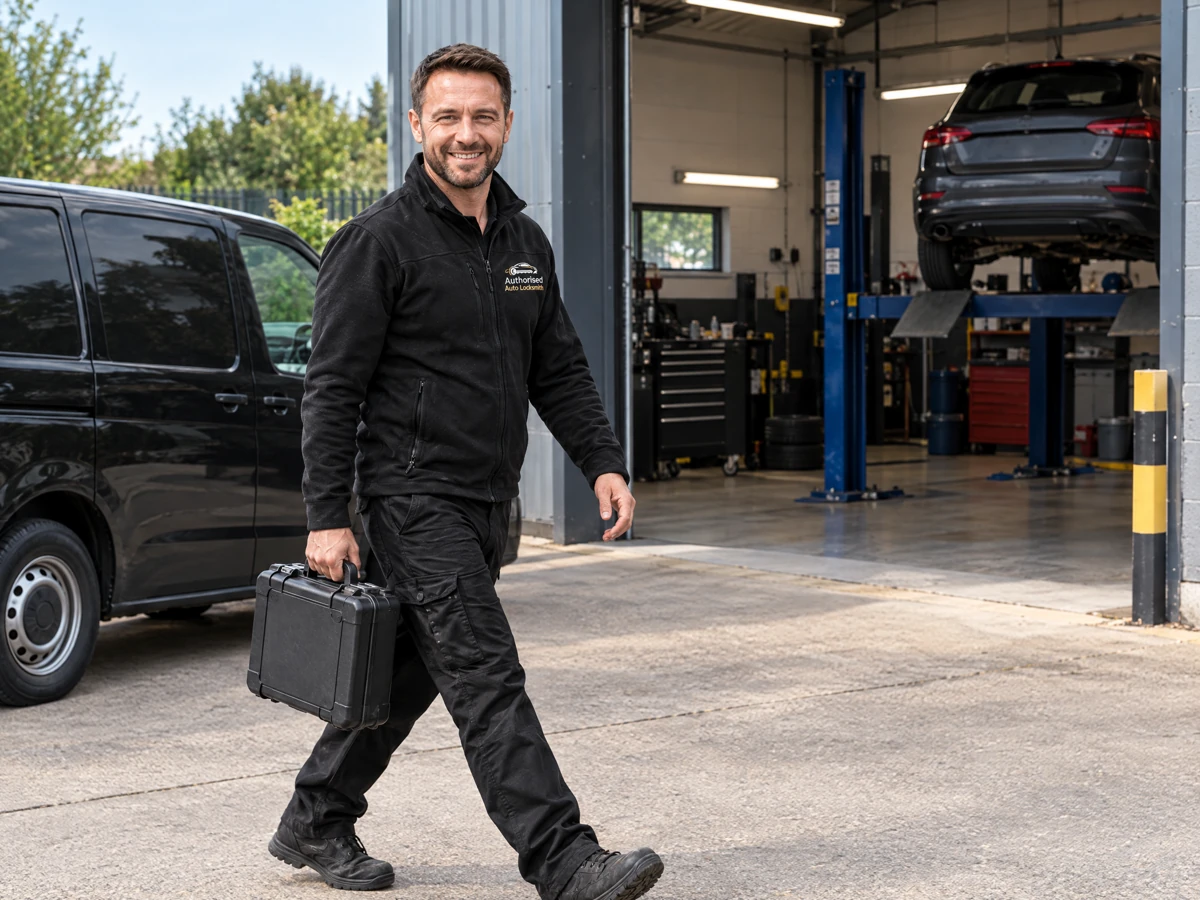 Authorised Auto Locksmith van on site at a garage