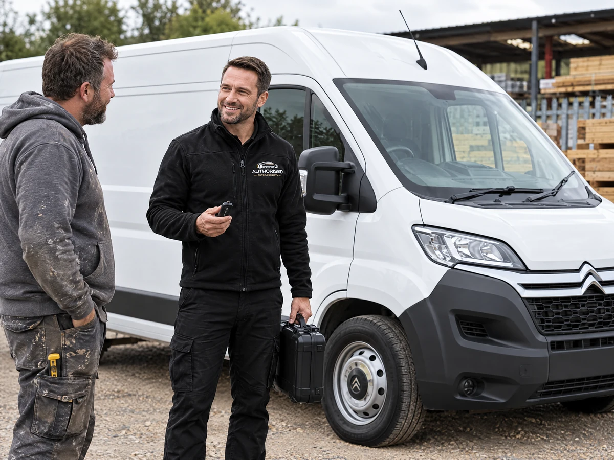 Auto locksmith attending a Citroën Relay van for a key replacement