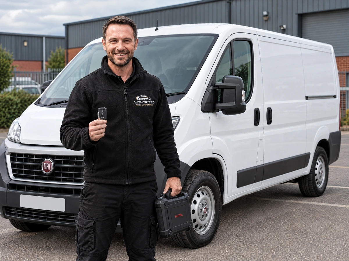 Auto locksmith attending a Fiat Ducato van for a new key
