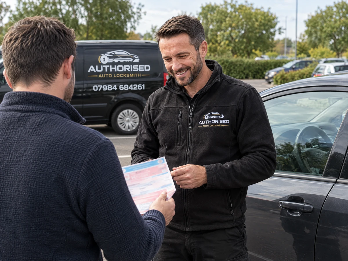 Auto locksmith checking V5C proof of ownership before car key replacement in Essex