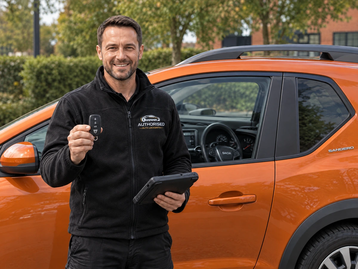 Auto locksmith checking a Dacia key system