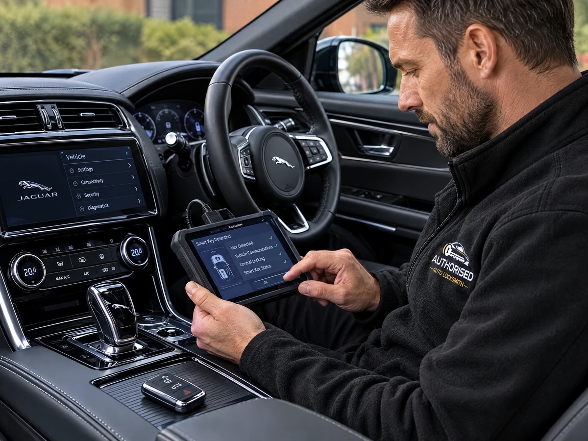 Auto locksmith checking a Jaguar key system