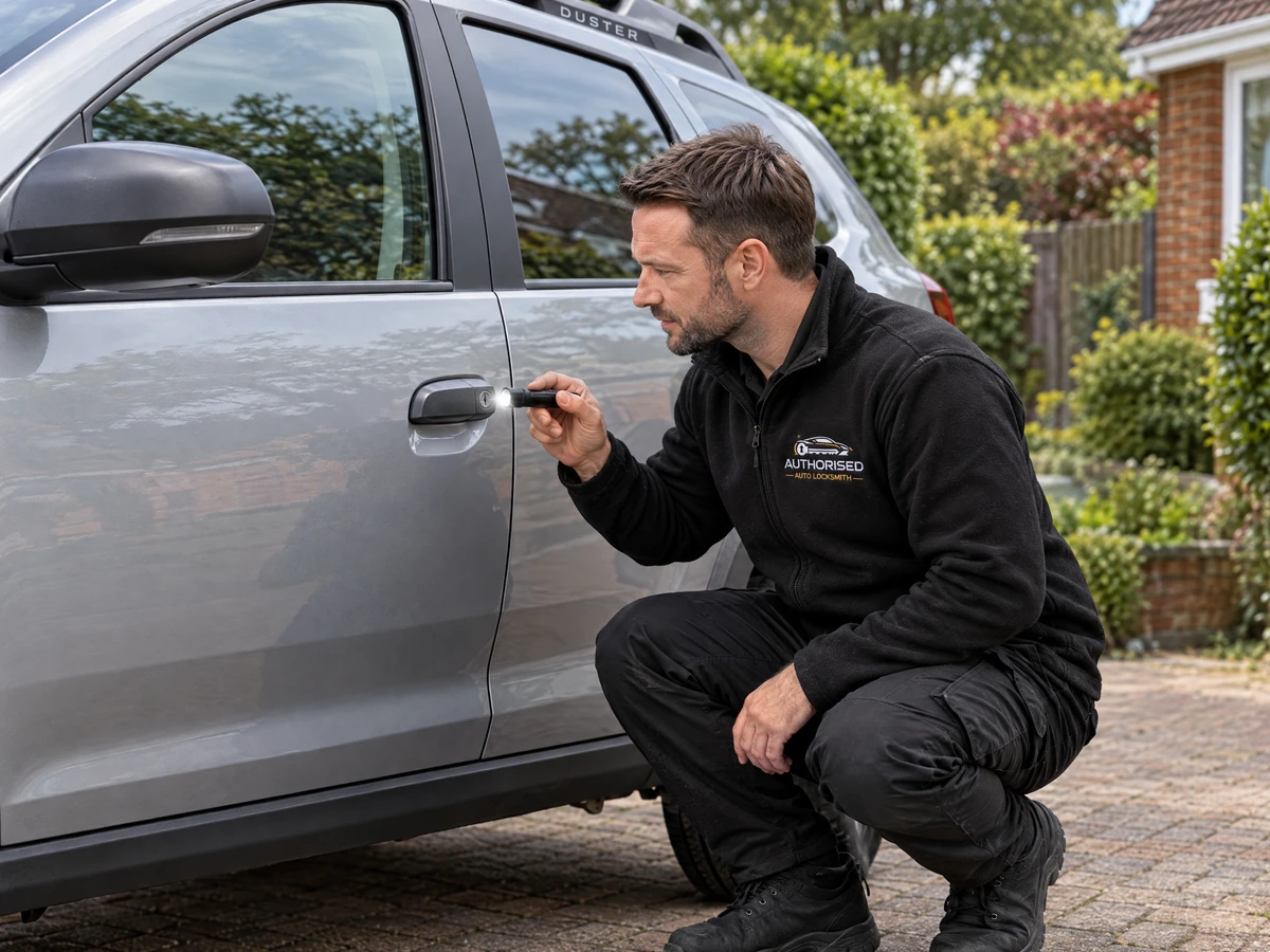 Auto locksmith checking the door lock on a Dacia in Essex