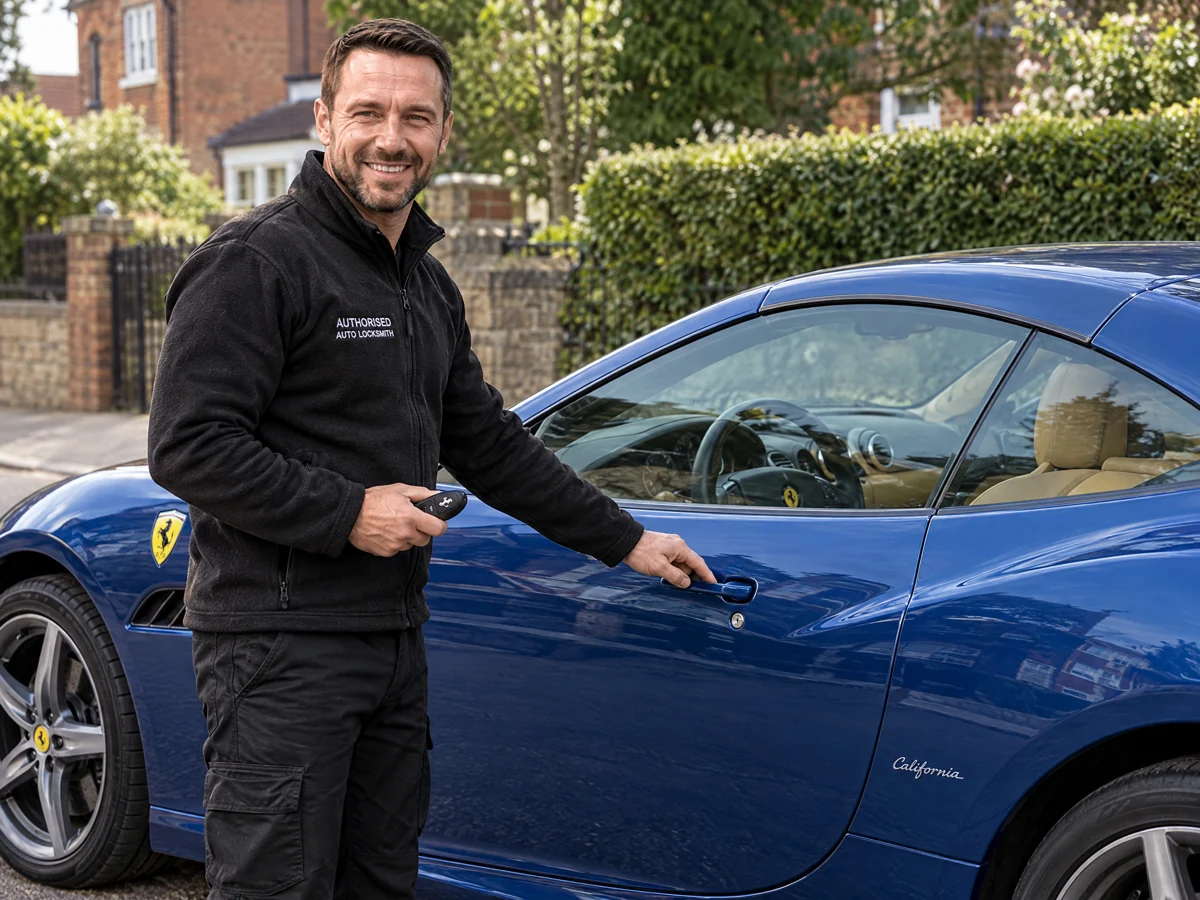 Auto locksmith checking the door lock on a Ferrari in Essex