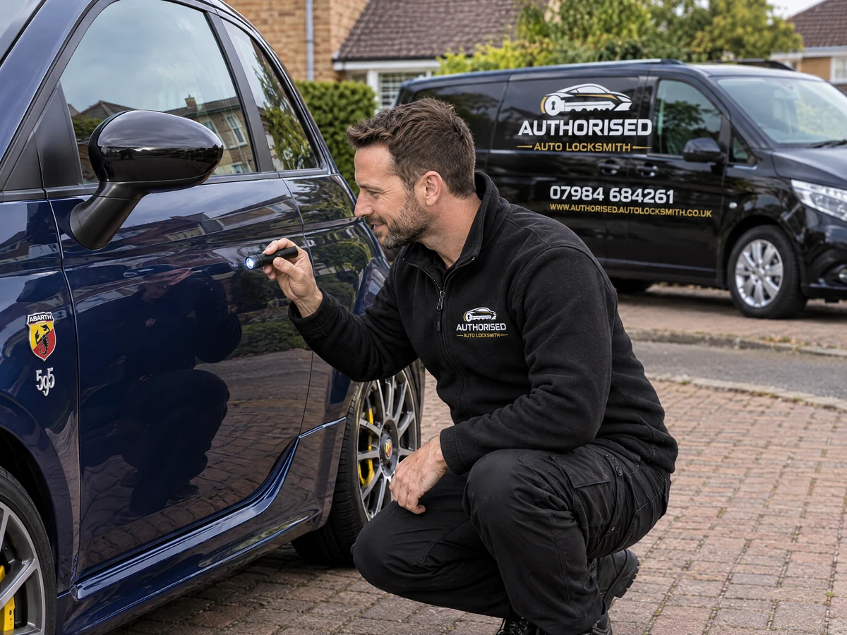 Auto locksmith checking the door lock on an Abarth in Essex