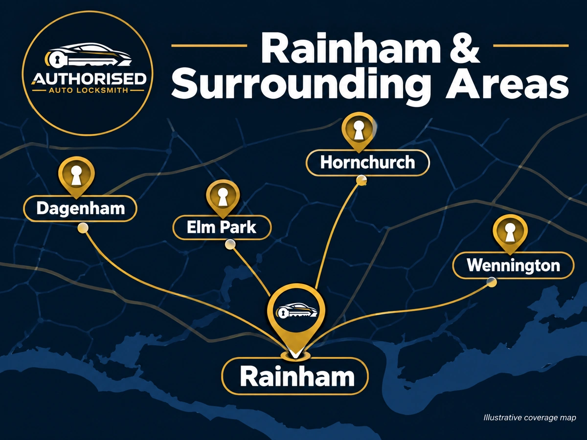Auto locksmith coverage area around Rainham, Hornchurch and Dagenham